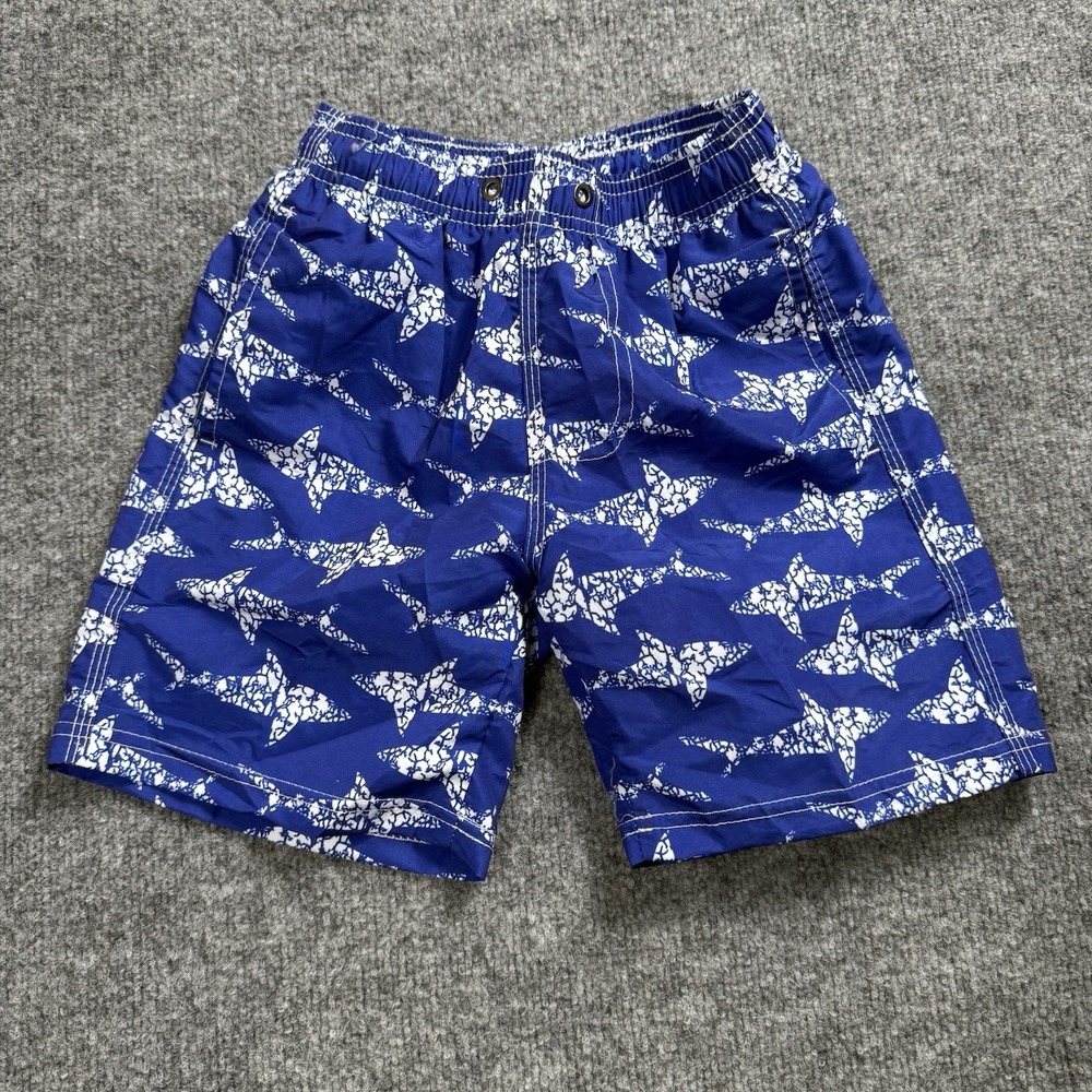 Boys Navy Blue Shark Swim Trunks Shorts White Shark Print Beach Pool Size 5-6